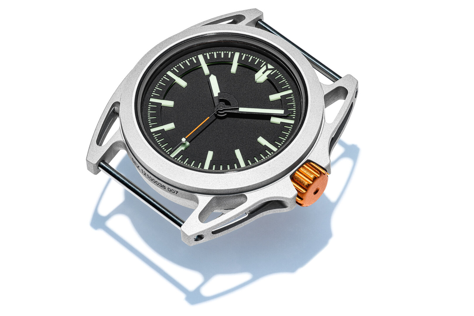 Barrelhand Monolith space tool watch in Scalmalloy with orange Airlock Crown