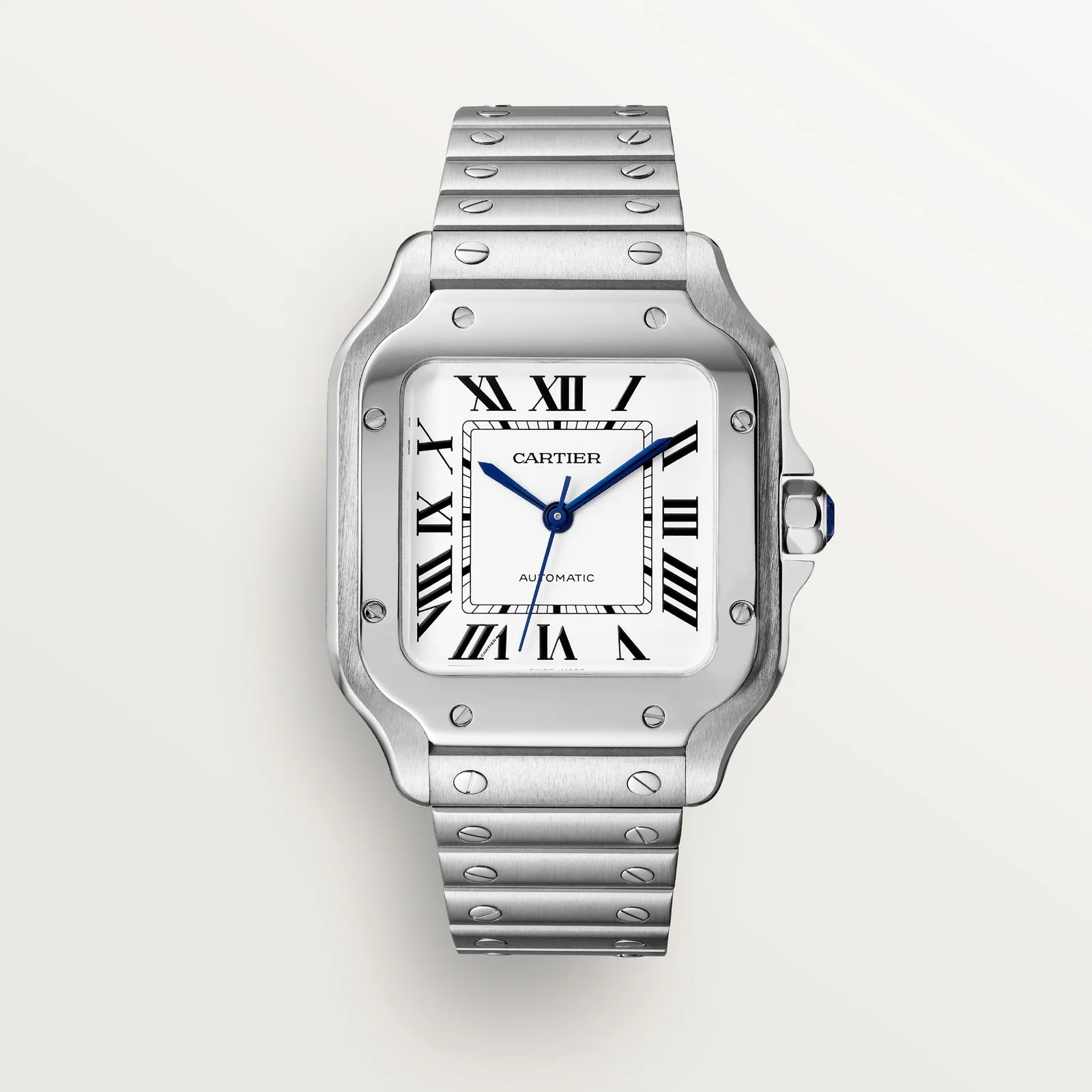Cartier Santos de Cartier Medium WSSA0029 front view on its steel bracelet