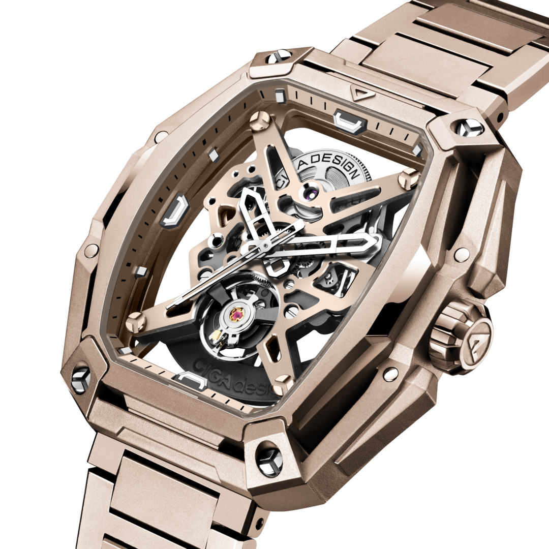Official angled detail image of the CIGA Design Hunter Vintage case and skeleton dial
