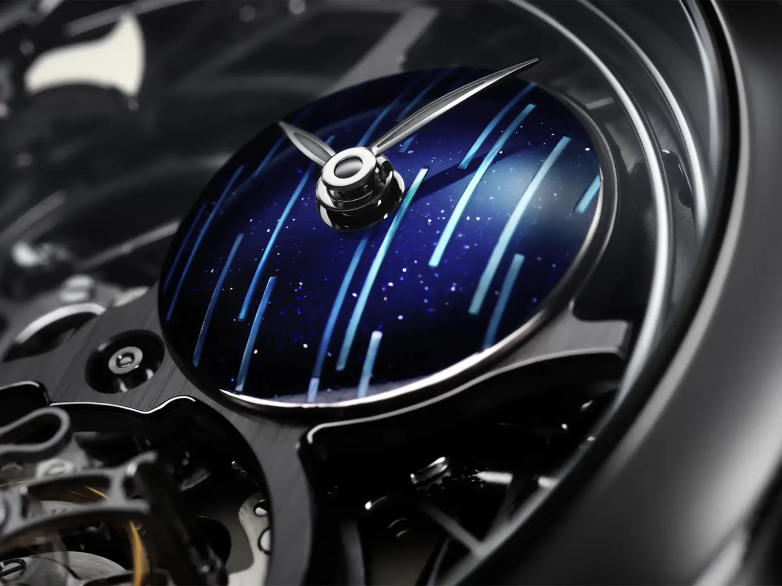 Official close front-side view of the Cosmic Rain aventurine and mother-of-pearl sub-dial at two o’clock.