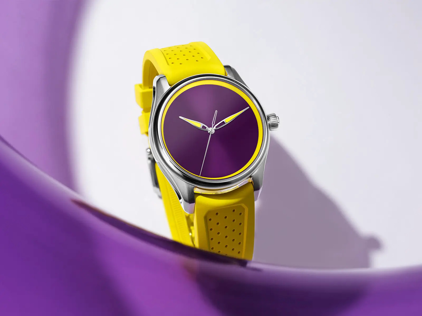 Official image showing the Berry Purple dial and Electric Yellow accents of the H. Moser Sun Berry