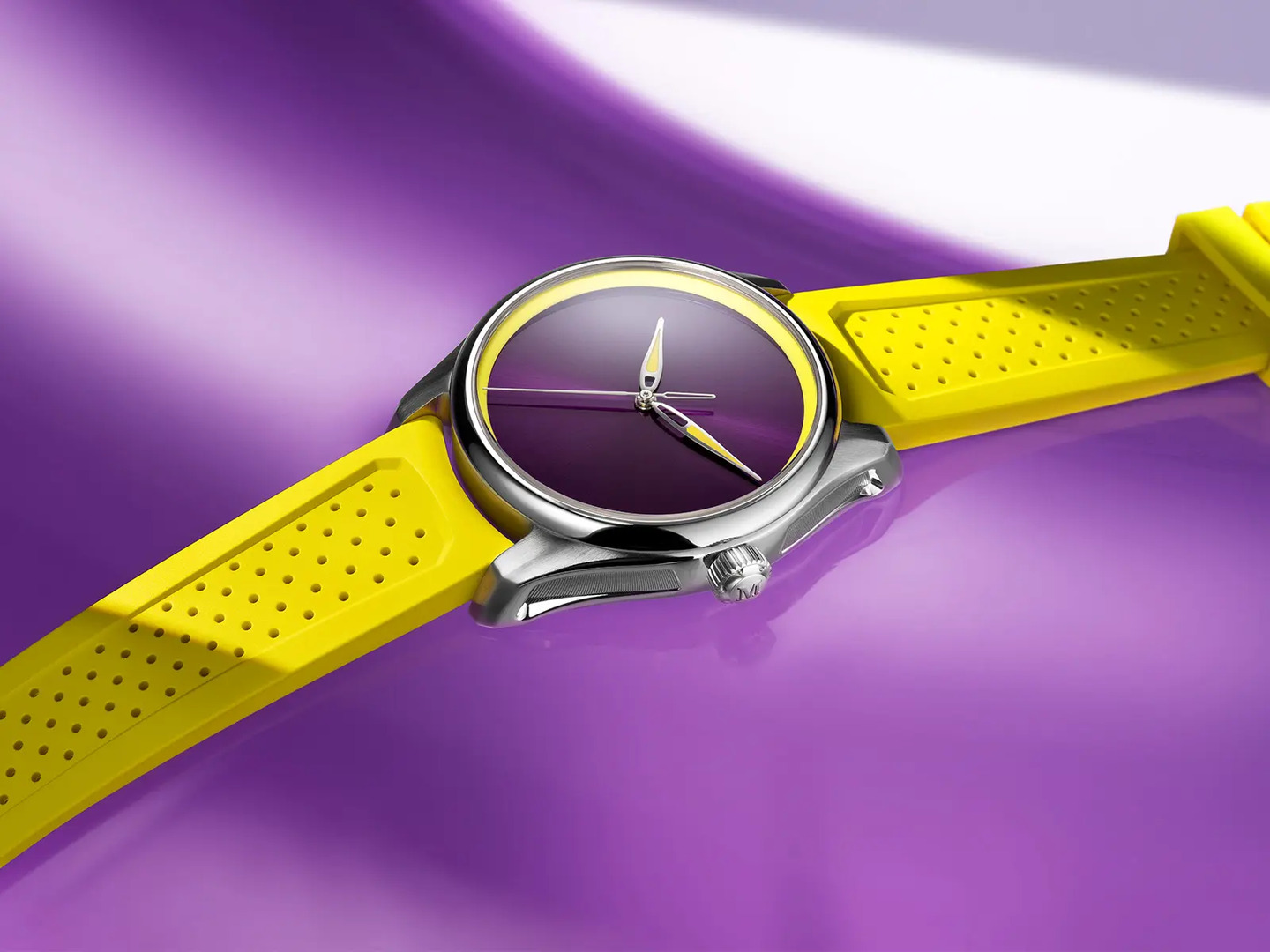 Official H. Moser Pioneer Centre Seconds Sun Berry image with purple dial and yellow strap details