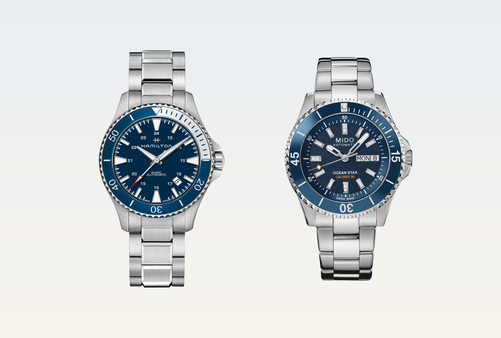 Hamilton Khaki Navy Scuba Auto and Mido Ocean Star 200 official front images
