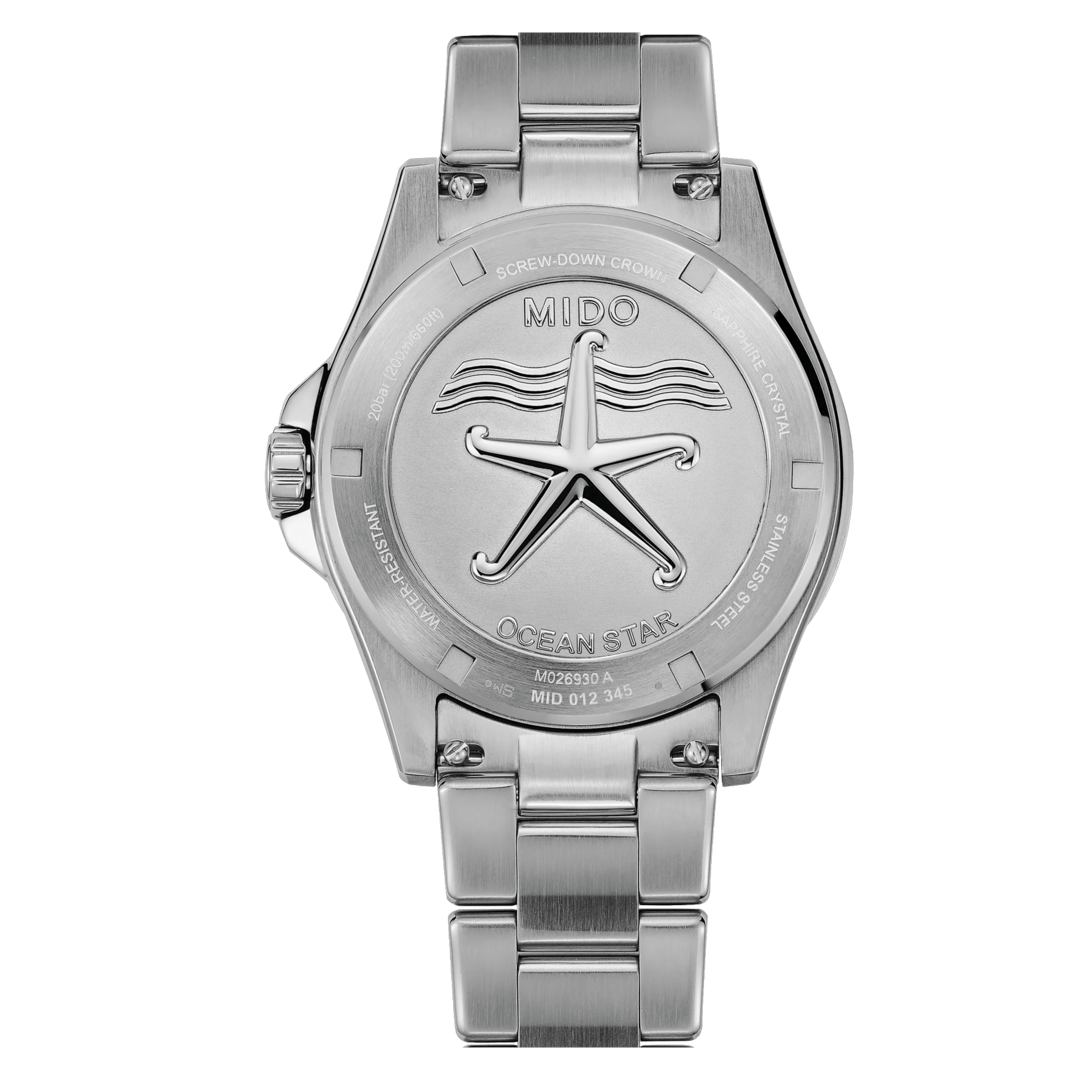 Official caseback view of the Mido Ocean Star 200.
