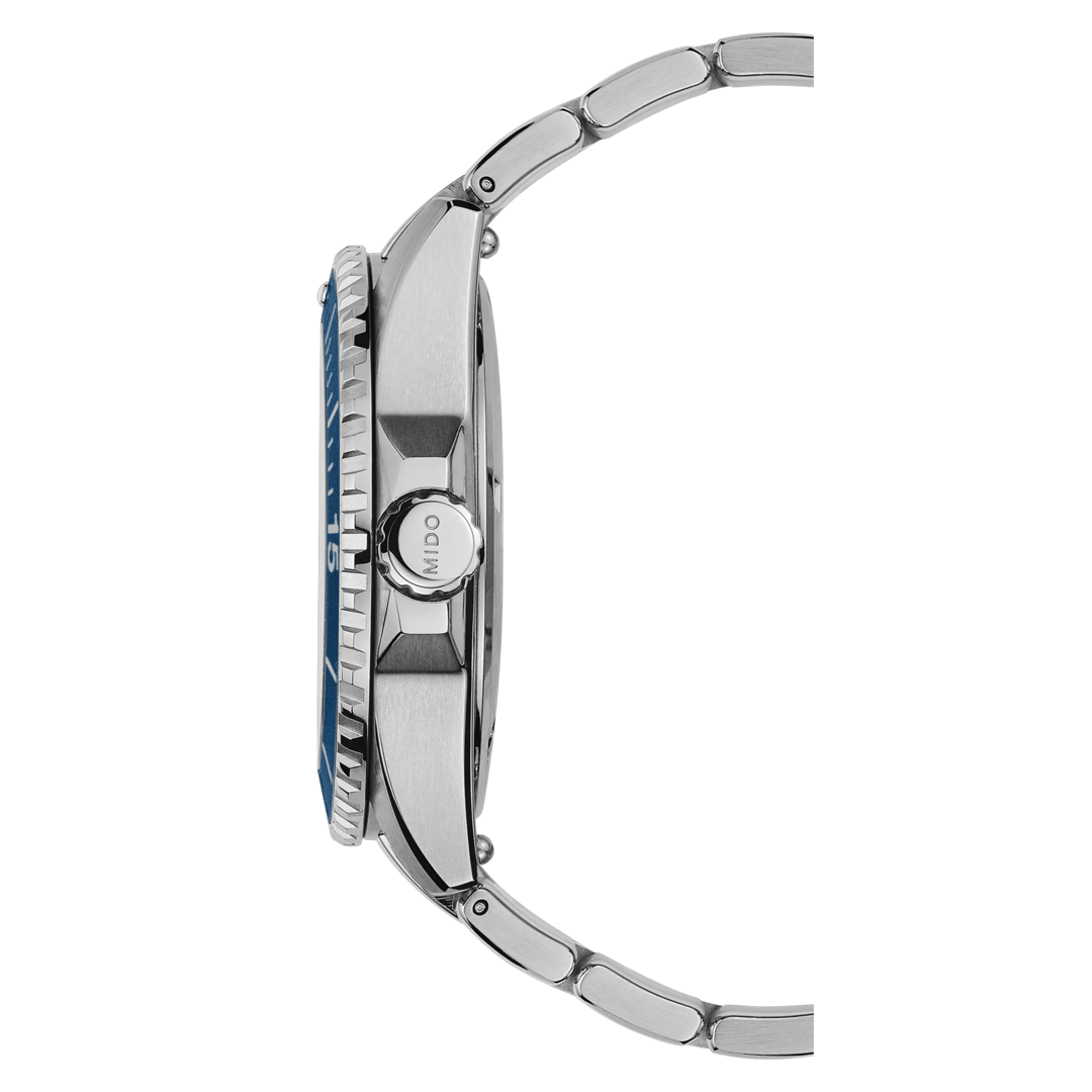Official side image of the Mido Ocean Star 200 showing case thickness and bracelet profile