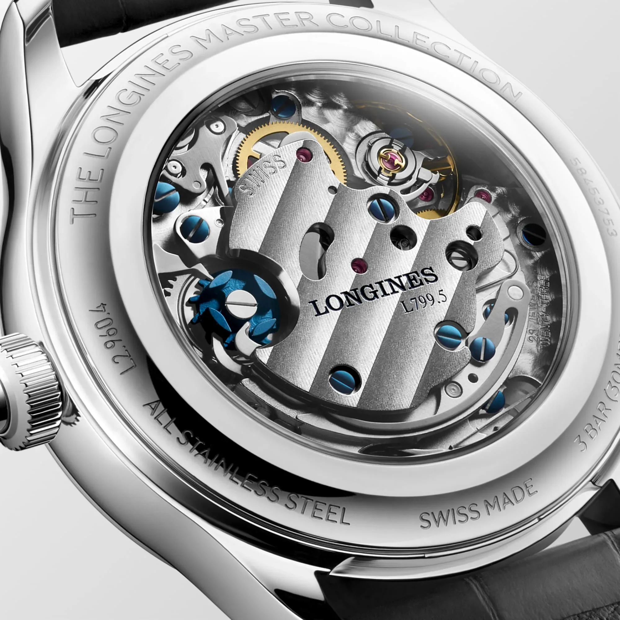 Longines calibre L799.5 visible through the monopusher caseback