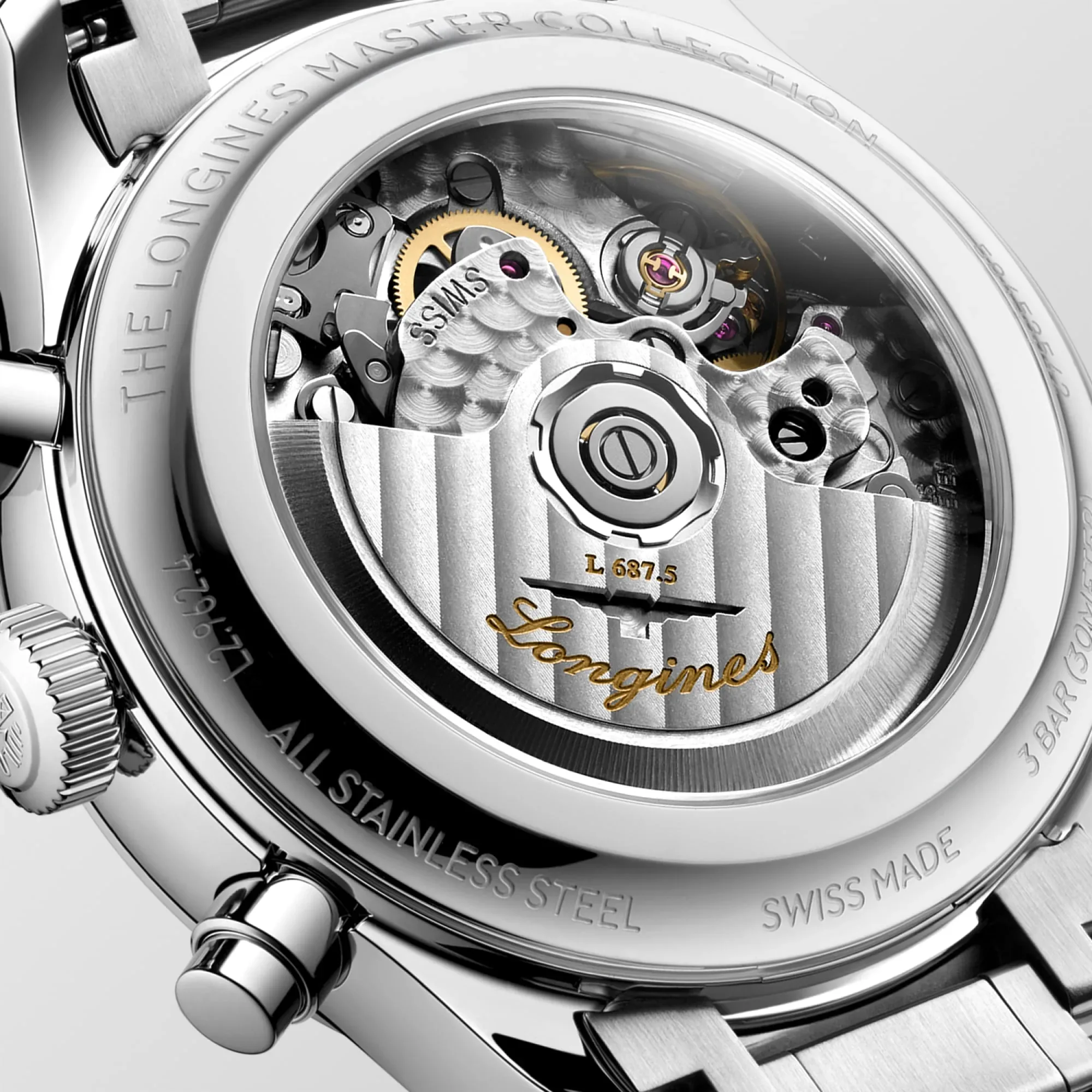 Longines calibre L687.5 visible through the moonphase chronograph caseback