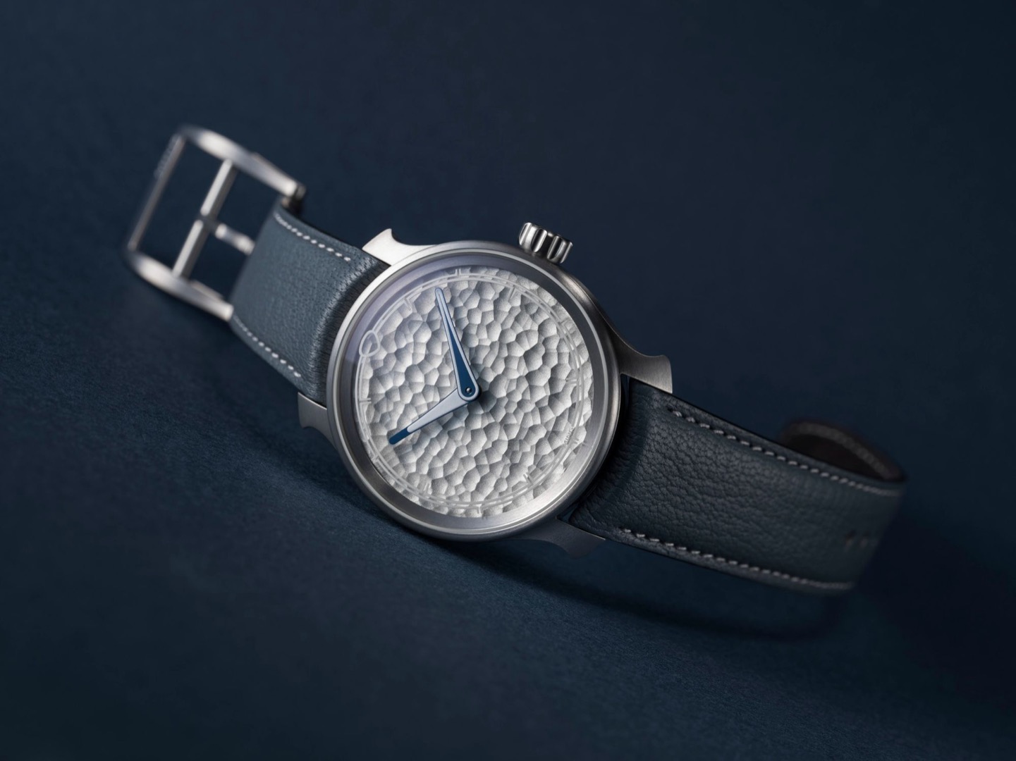 MING 37.06 Royal Selangor with hammered pewter dial on blue-grey leather strap