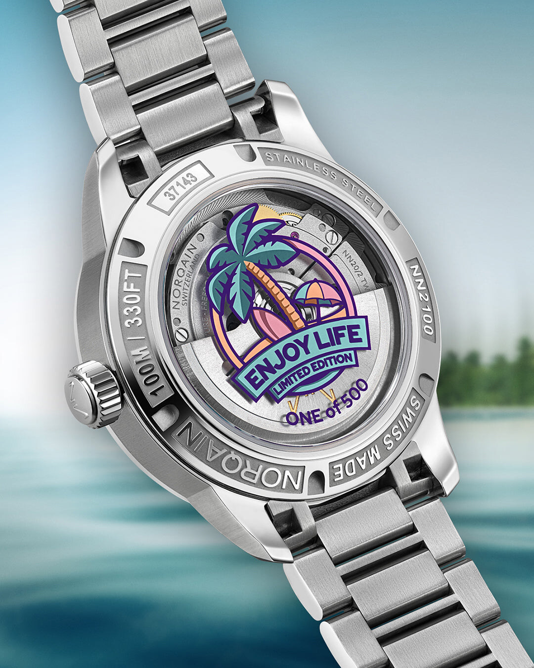 Display case back of the NORQAIN Freedom GMT Enjoy Life Holiday Limited Edition with Enjoy Life artwork and One of 500 marking