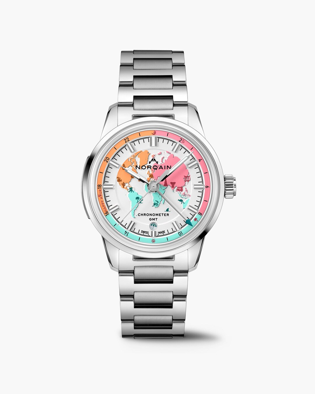 Full front view of the NORQAIN Freedom GMT Enjoy Life Holiday Limited Edition on steel bracelet