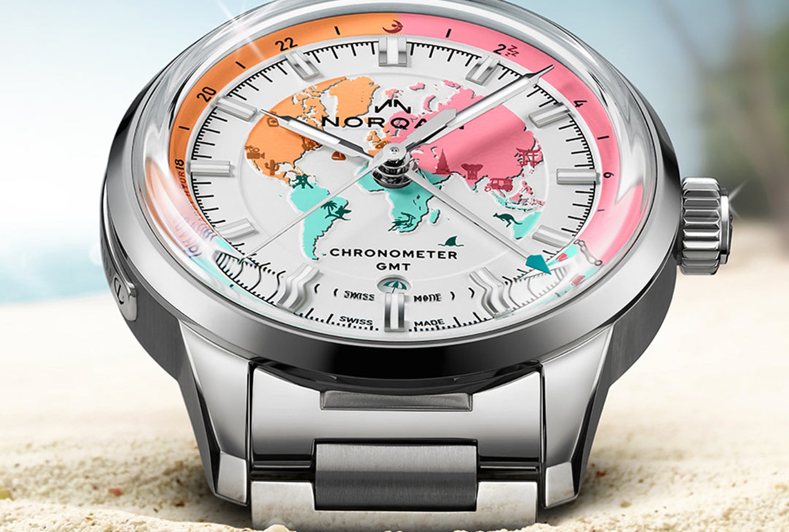 NORQAIN Freedom GMT Enjoy Life Holiday Limited Edition on a beach background