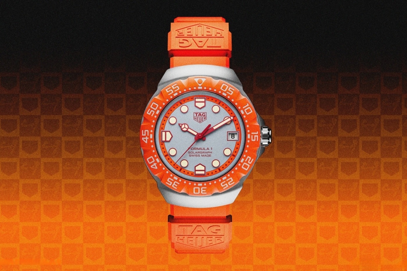 Official TAG Heuer Formula 1 Solargraph Zandvoort limited edition hero image with orange designed background.