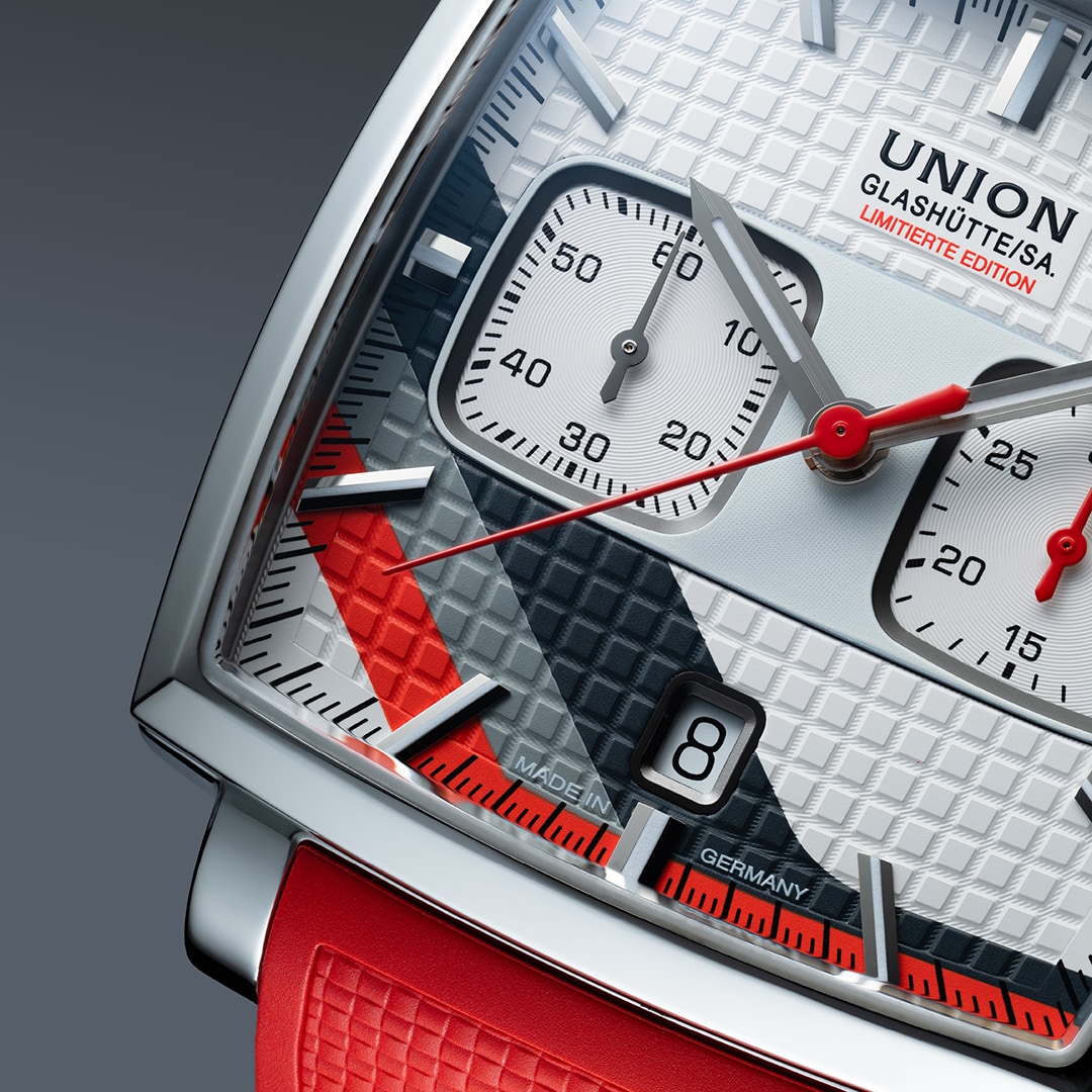 Official angle image of the Union Glashütte Averin Sachsen Classic showing case and strap character